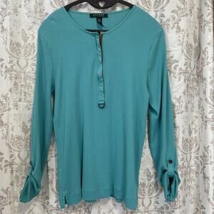 Lauren Ralph Lauren Top Aqua Blue Zipper Front Roll Tab Sleeve Faux Suede - XL
